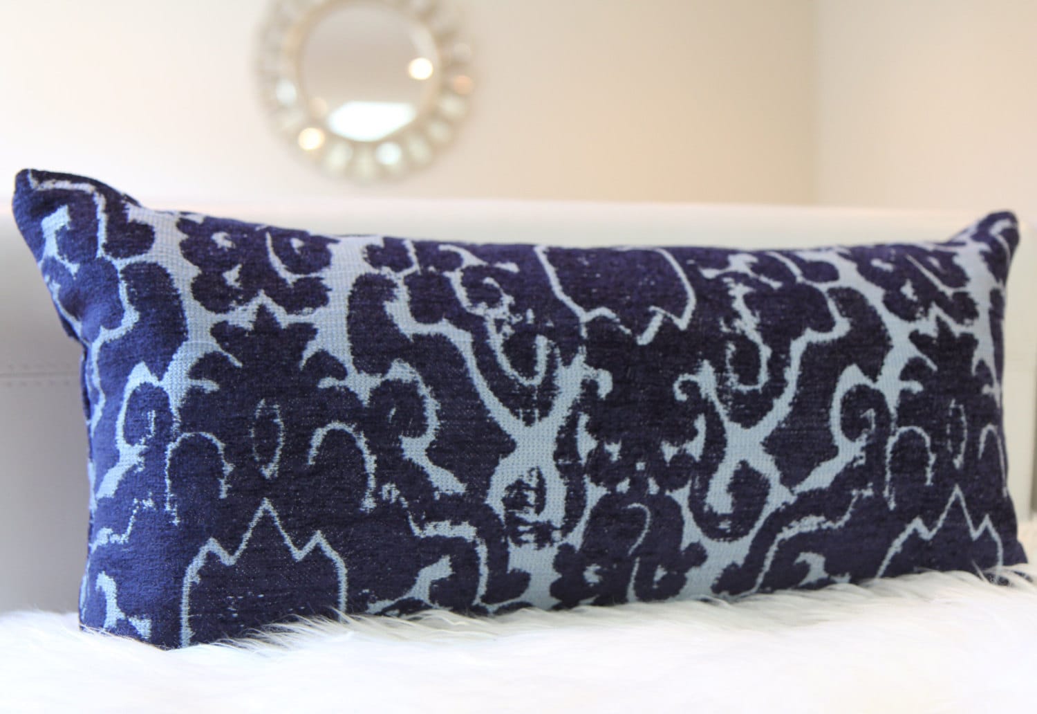 Navy Damask Velvet Lumbar Pillow 12" × 24"