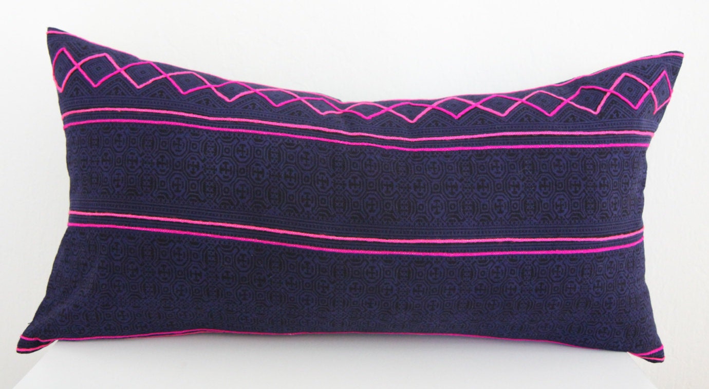 Dark Indigo Hmong Embroidered Lumbar Pillow 12" × 24"