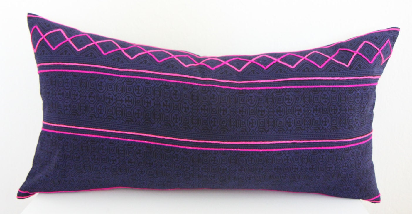 Dark Indigo Hmong Embroidered Lumbar Pillow 12" × 24"
