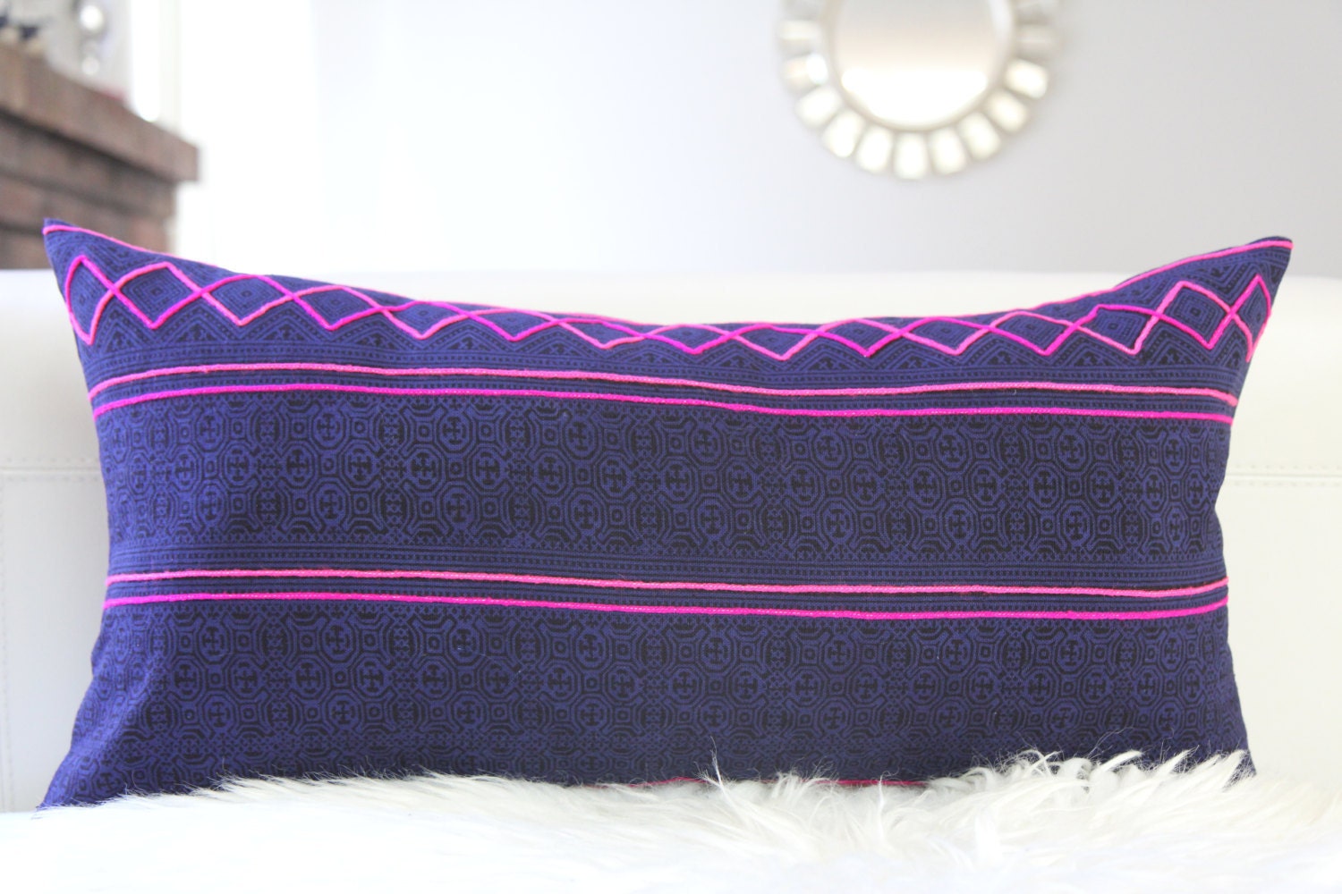 Dark Indigo Hmong Embroidered Lumbar Pillow 12" × 24"