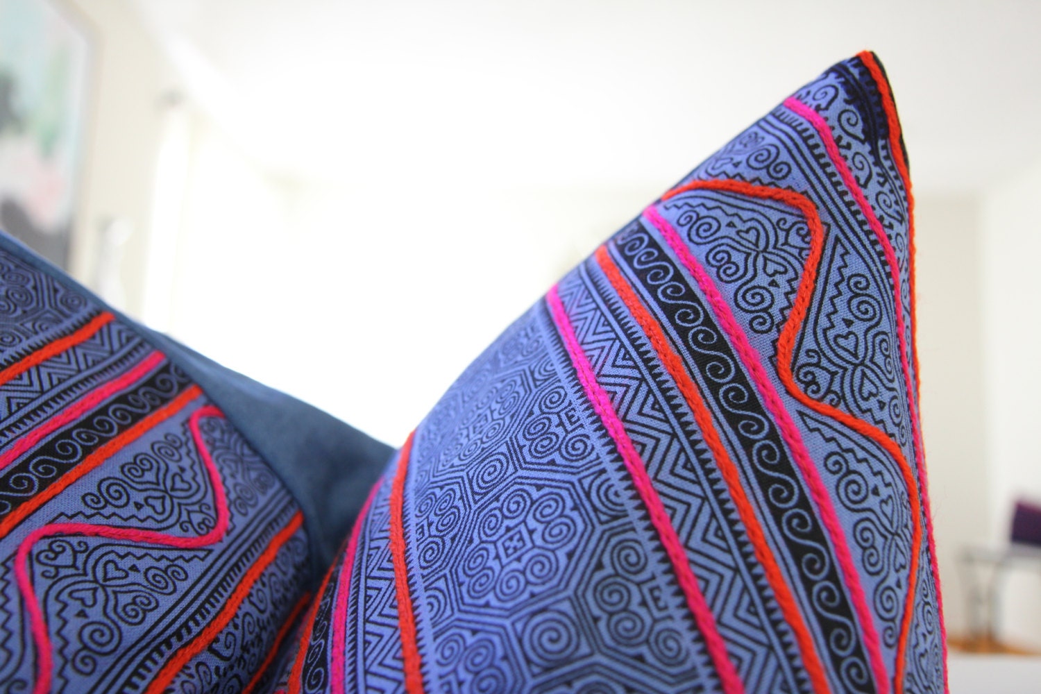 Hmong Indigo Embroidered Pillow 24x24"