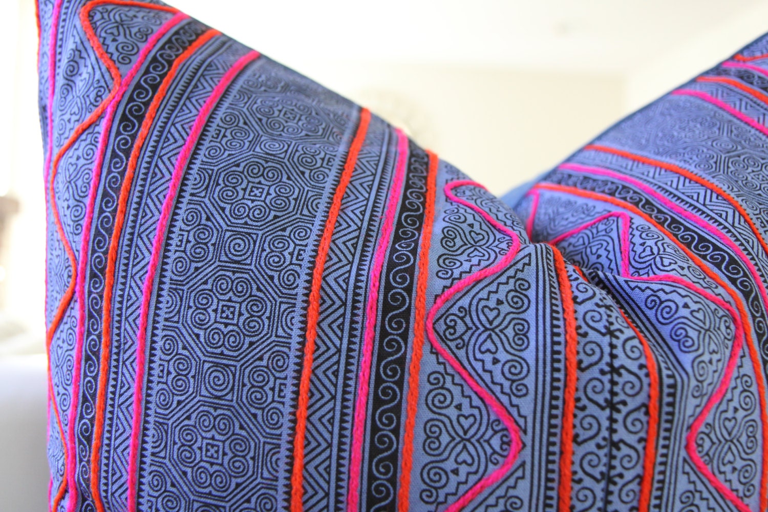 Hmong Indigo Embroidered Pillow 24x24"