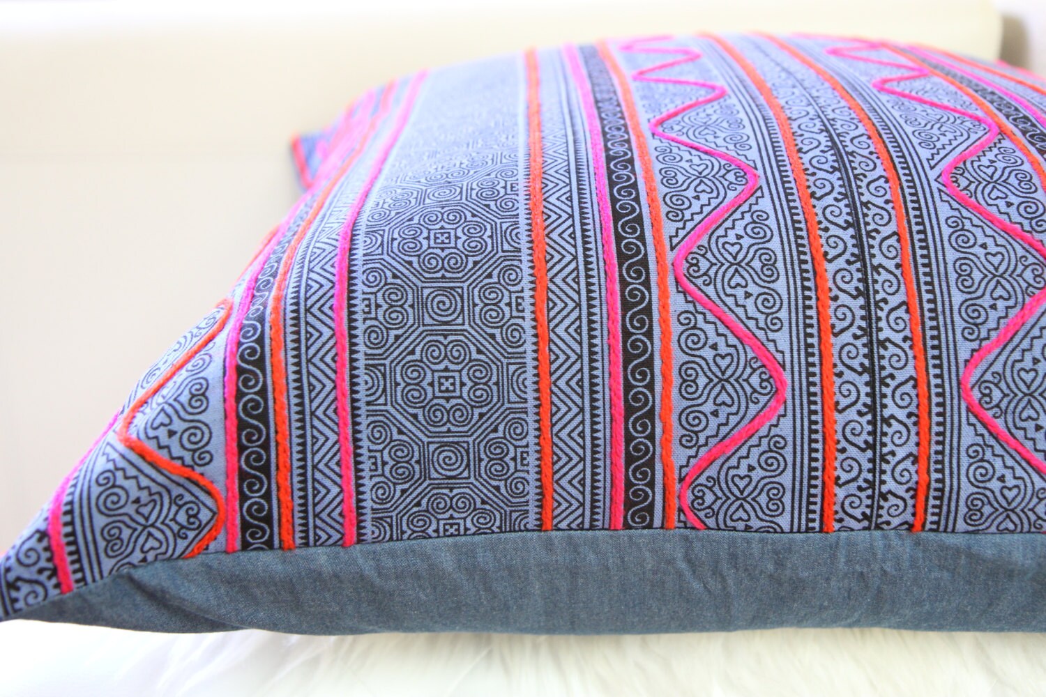 Hmong Indigo Embroidered Pillow 24x24"