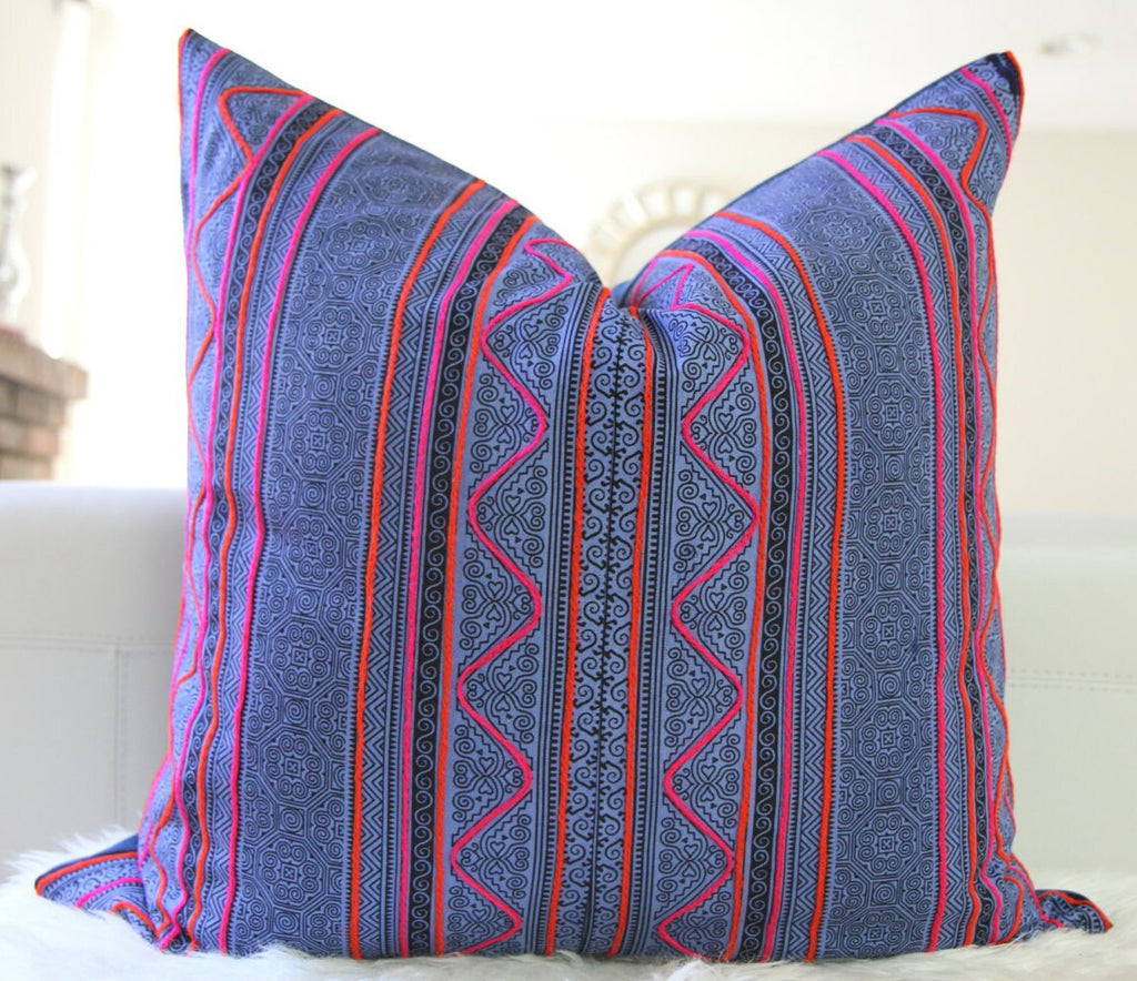 Hmong Indigo Embroidered Pillow 24x24"