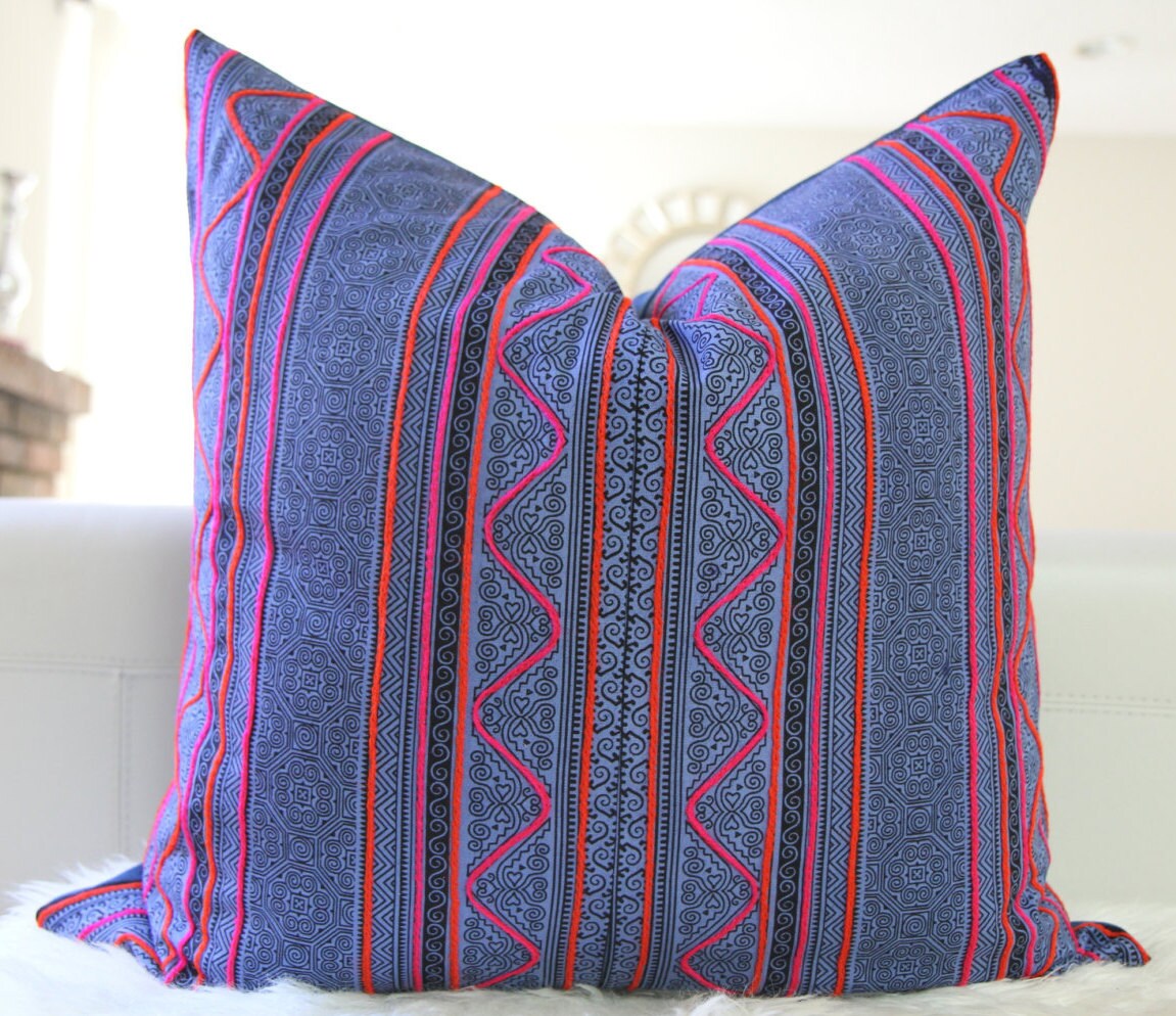 Hmong Indigo Embroidered Pillow 24x24"