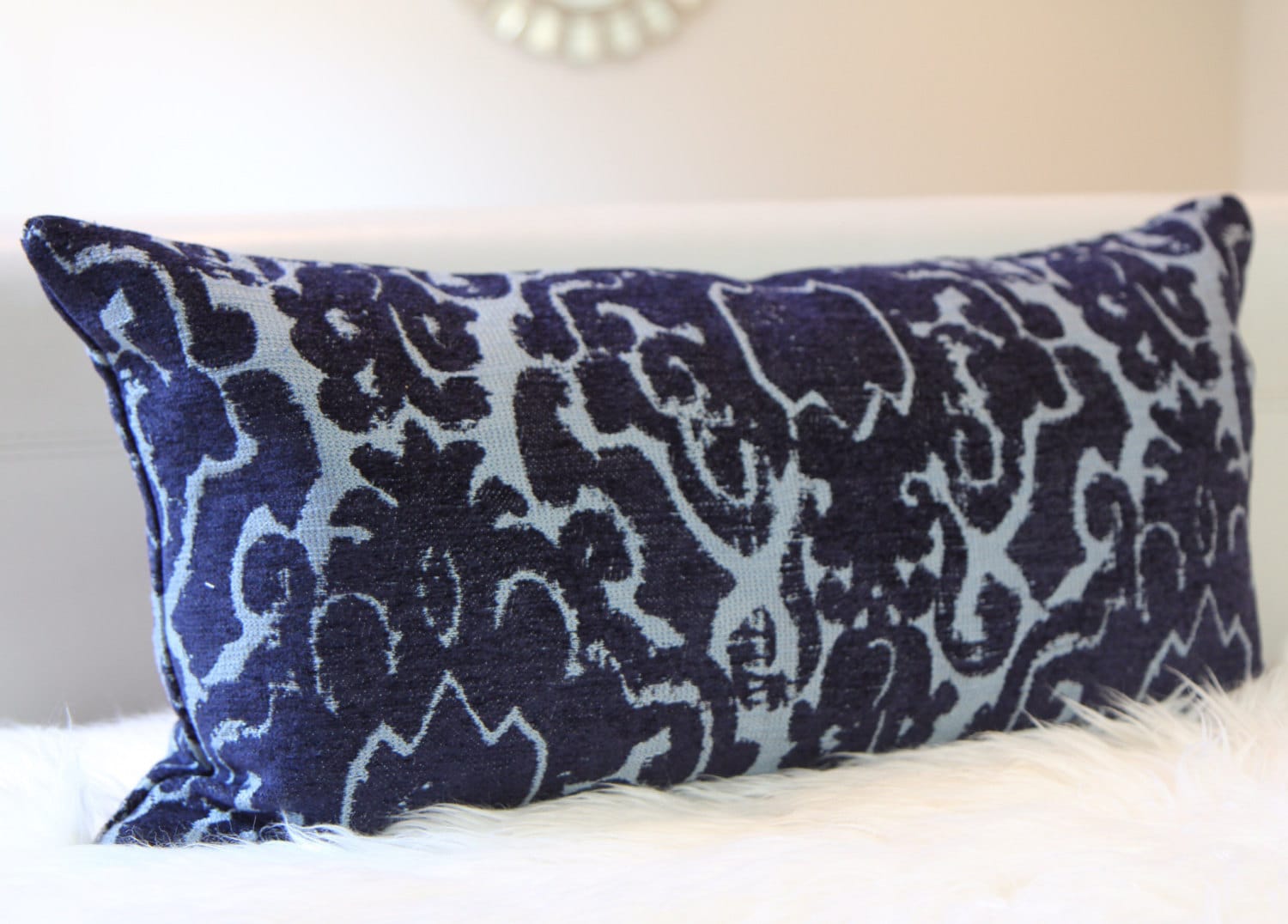 Navy Damask Velvet Lumbar Pillow 12" × 24"