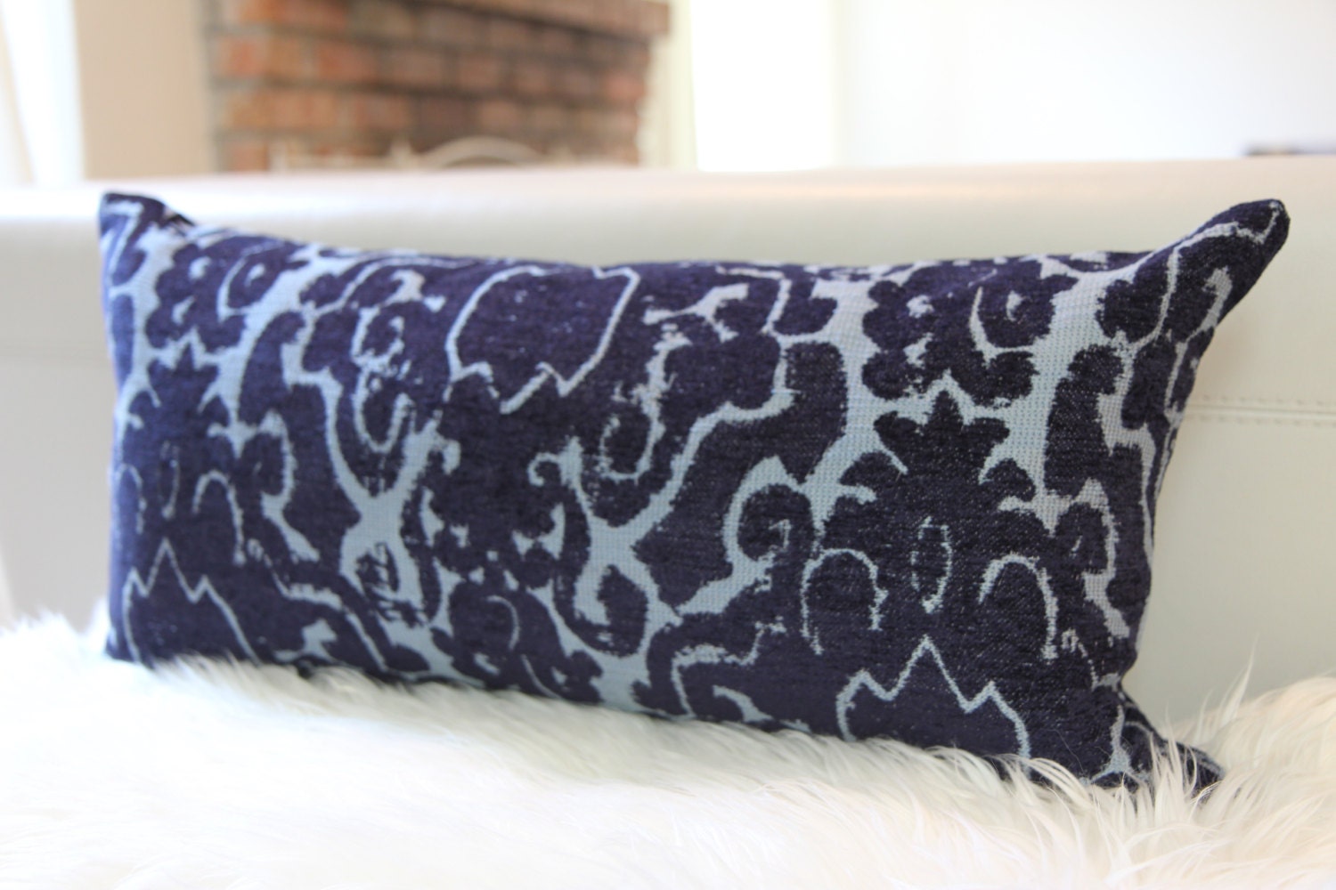 Navy Damask Velvet Lumbar Pillow 12" × 24"