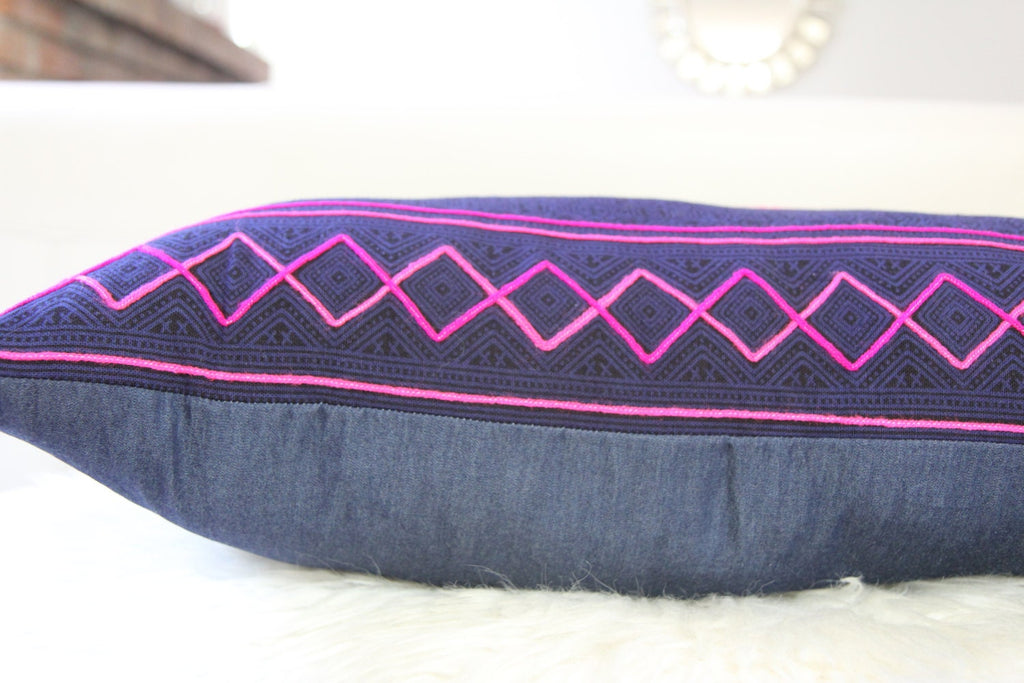 Dark Indigo Hmong Embroidered Lumbar Pillow 12" × 24"