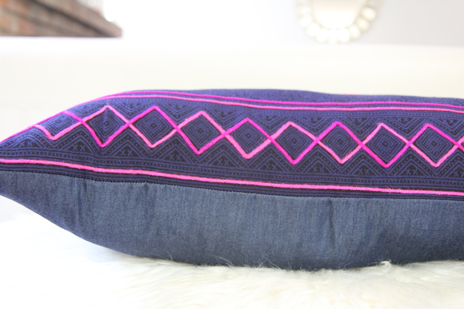 Dark Indigo Hmong Embroidered Lumbar Pillow 12" × 24"