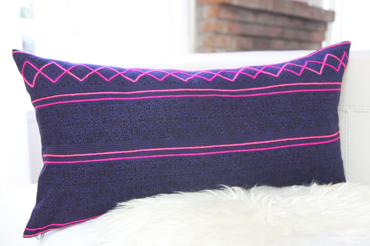 Dark Indigo Hmong Embroidered Lumbar Pillow 12" × 24"