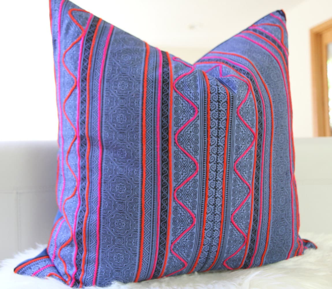 Hmong Indigo Embroidered Pillow 24x24"