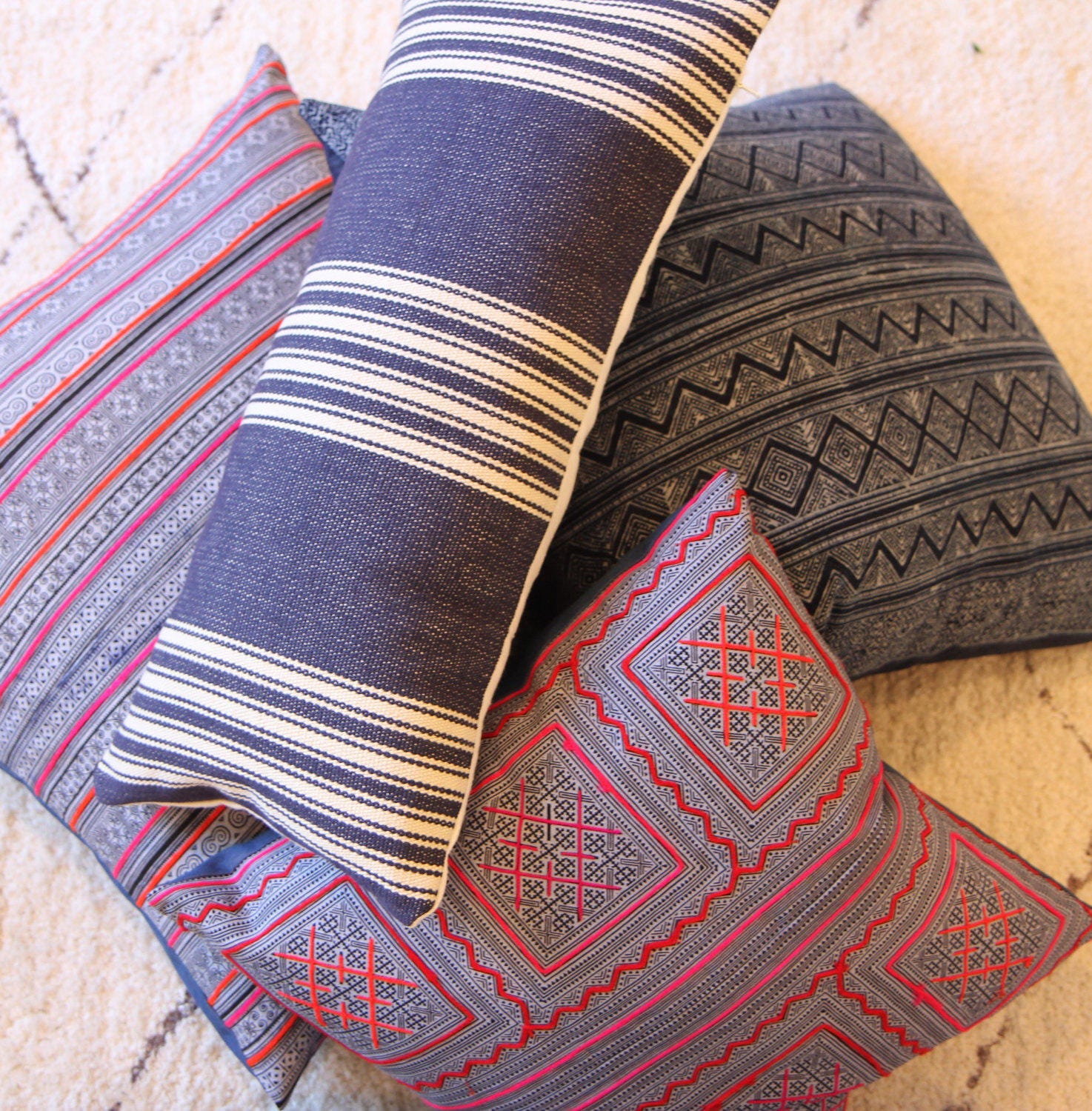 Indigo Striped Lumbar Pillow 12" × 24"